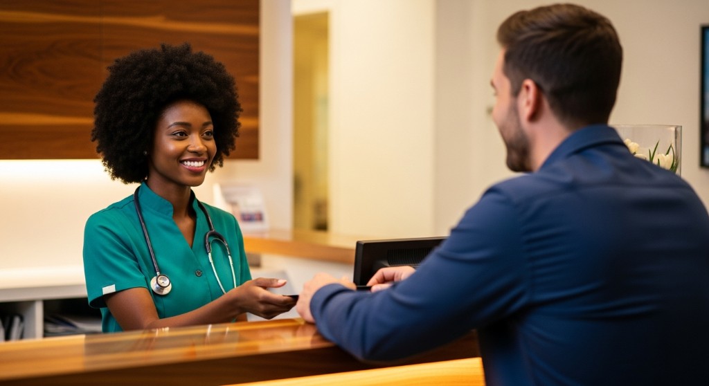 Recepcionista sorrindo ao atender um paciente